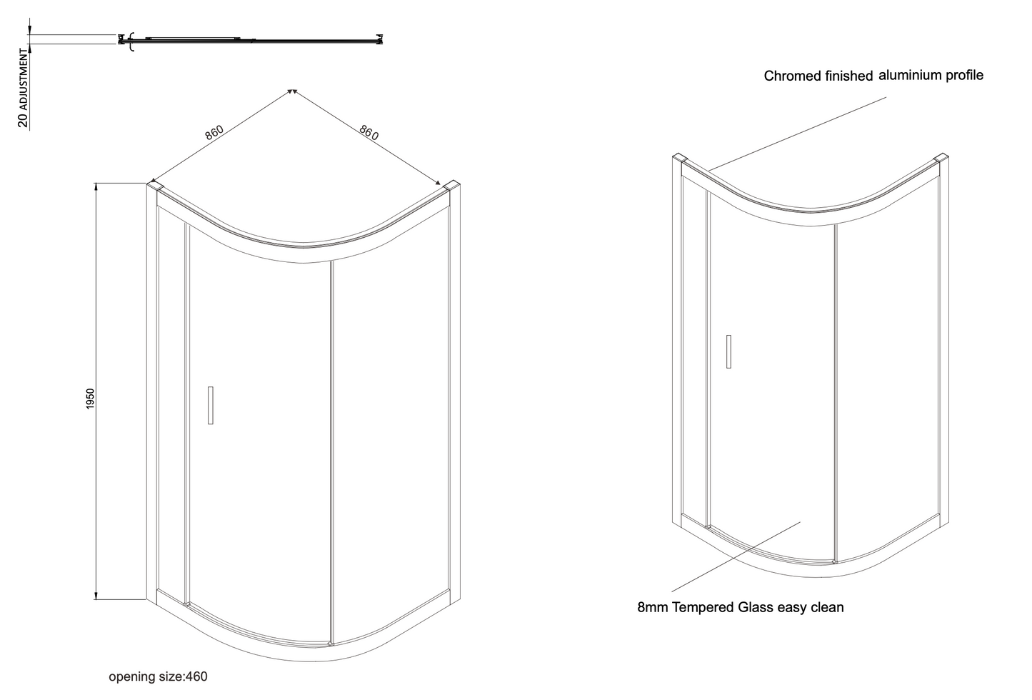 KV8 CHROME SINGLE DOOR QUADRANT ENCLOSURE 8MM KARTELL