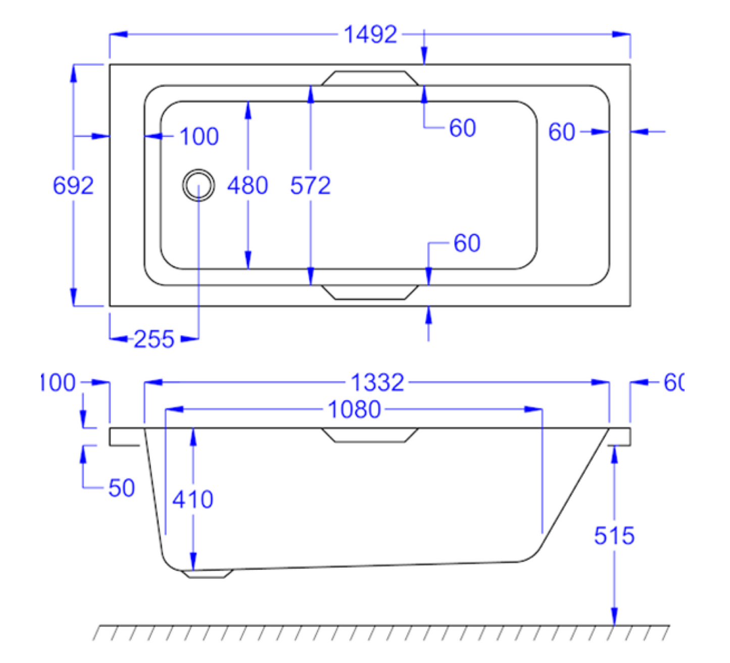LUXE GRIPPED SINGLE ENDED WHITE BATH 1500X700MM LUX1570SEB