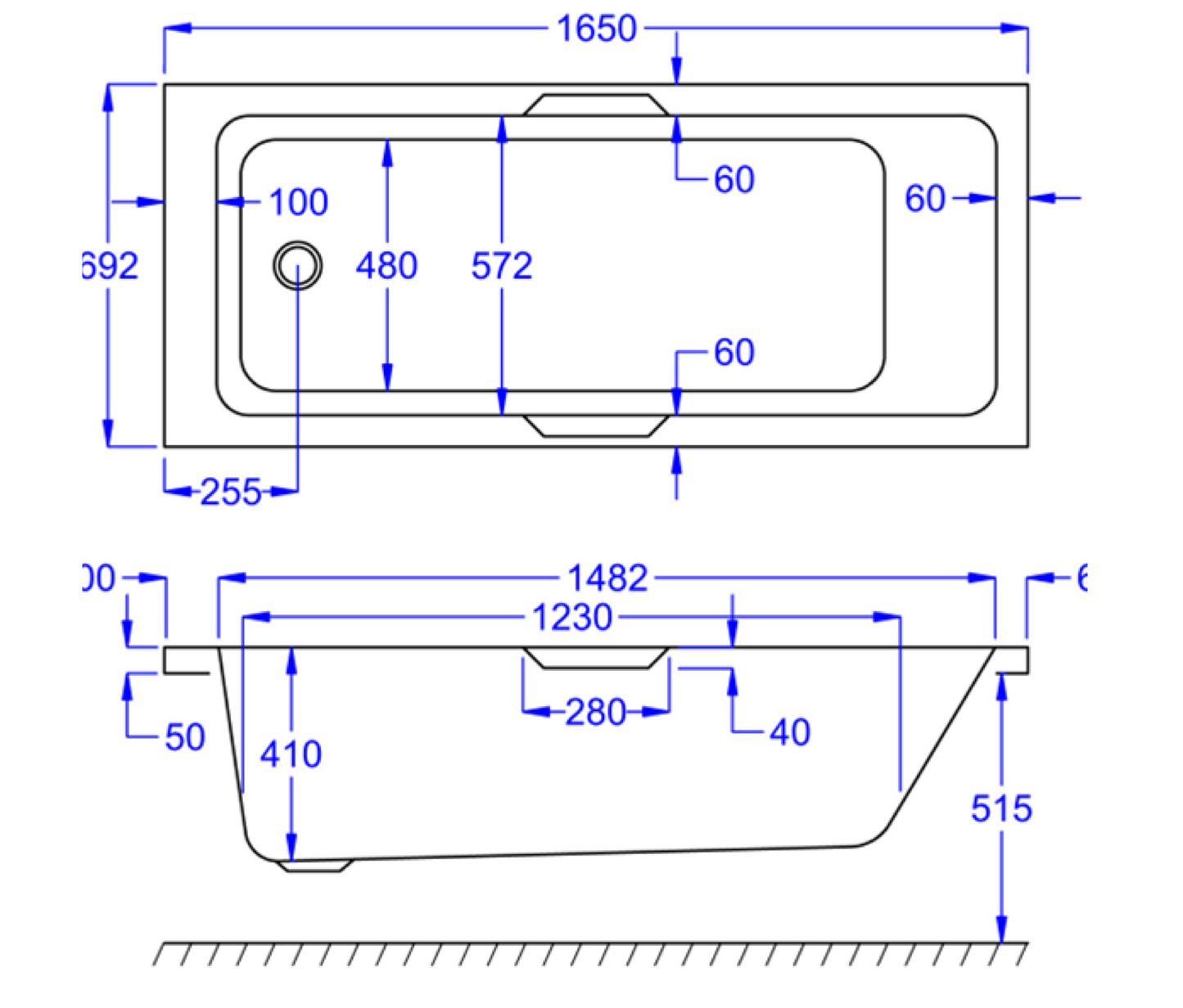 LUXE GRIPPED SINGLE ENDED WHITE BATH 1650X700MM LUX1657SEB