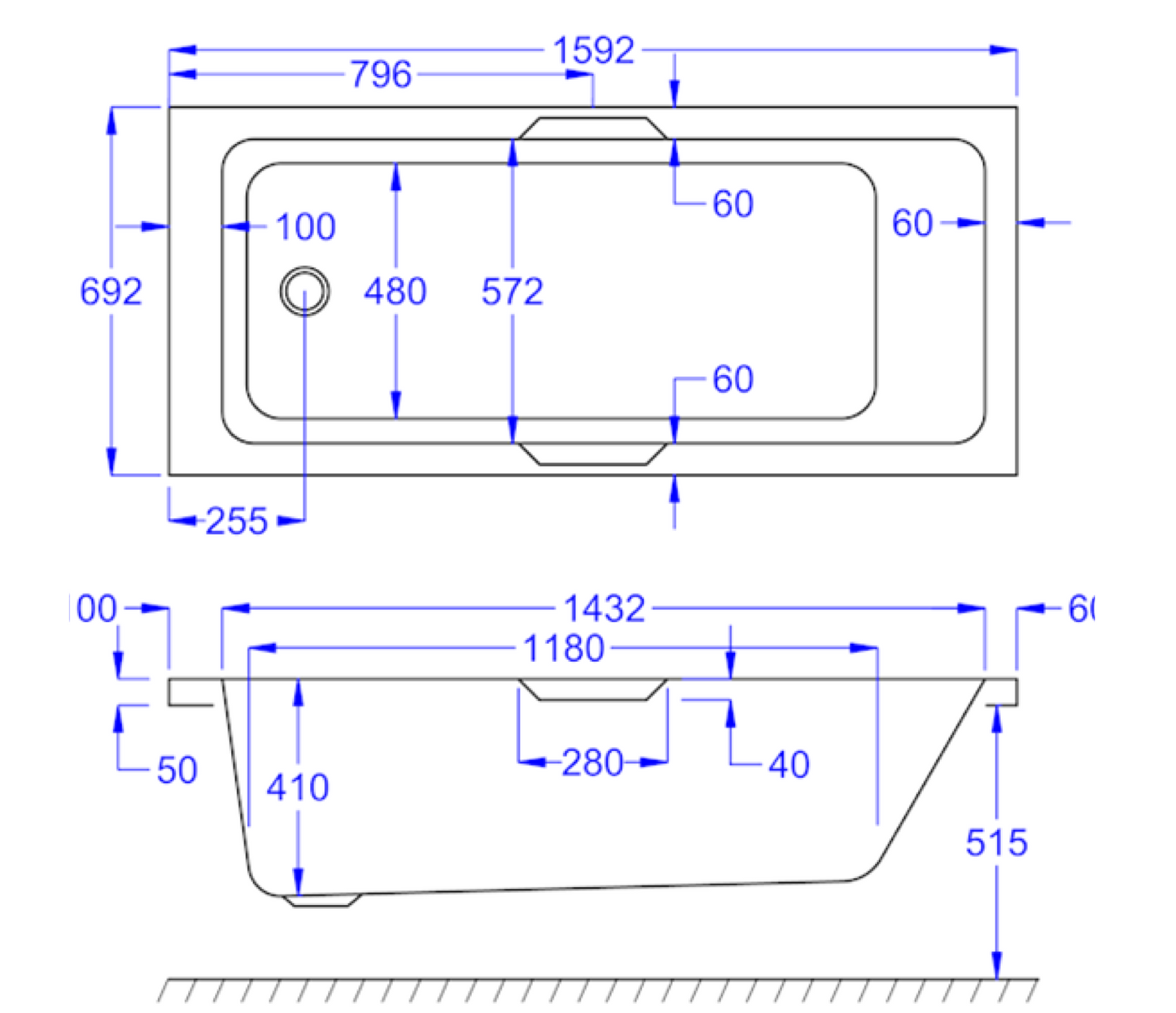 LUXE GRIPPED SINGLE ENDED WHITE BATH 1600X700MM LUX1670SEB