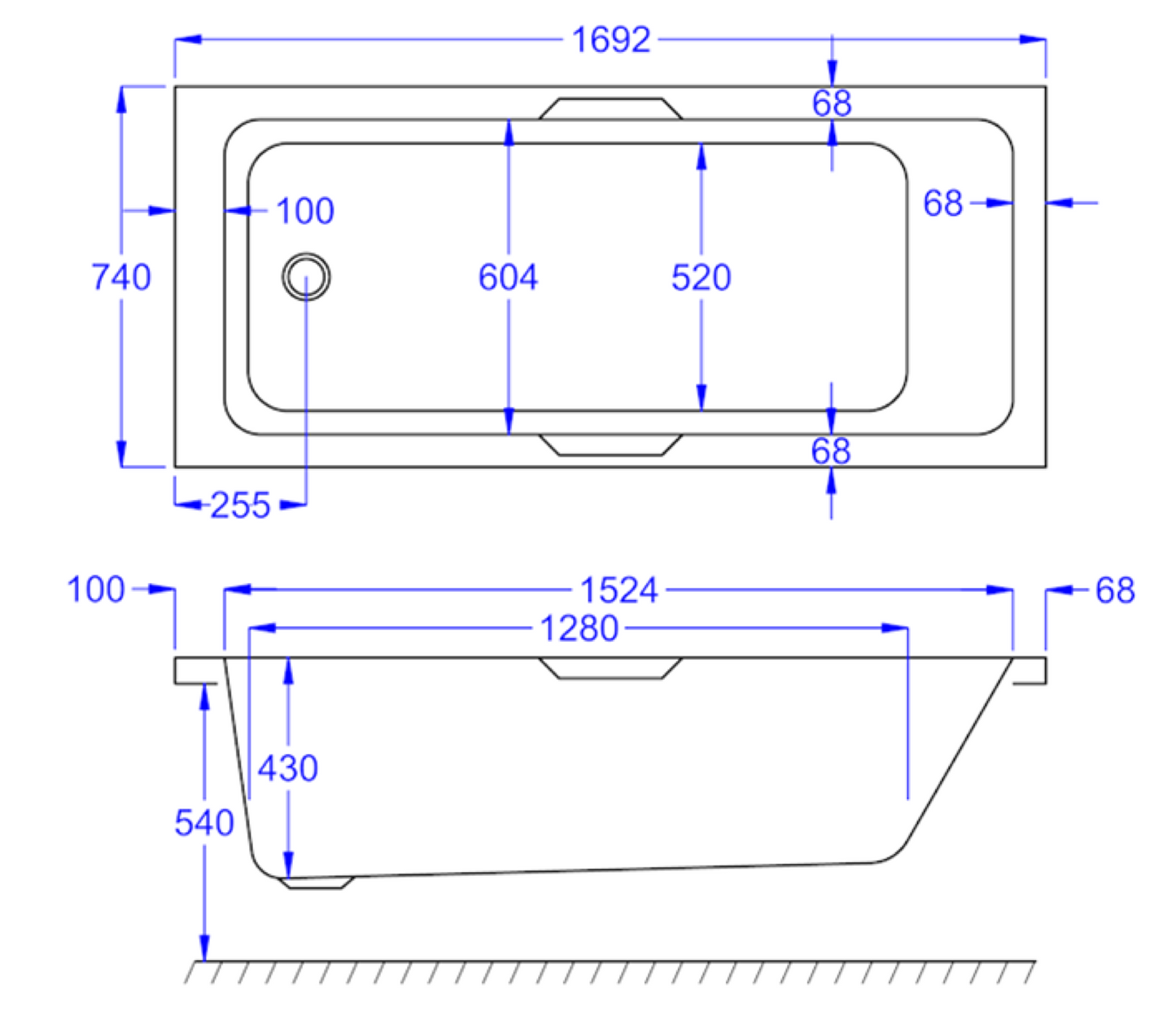 LUXE GRIPPED SINGLE ENDED WHITE BATH 1700X750MM LUX1775SEB