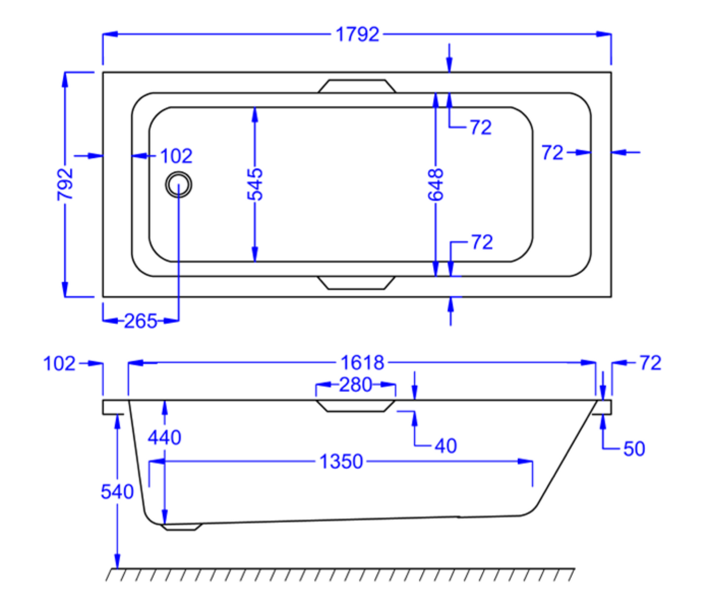 LUXE GRIPPED SINGLE ENDED WHITE BATH 1800X800MM LUX1880SEB