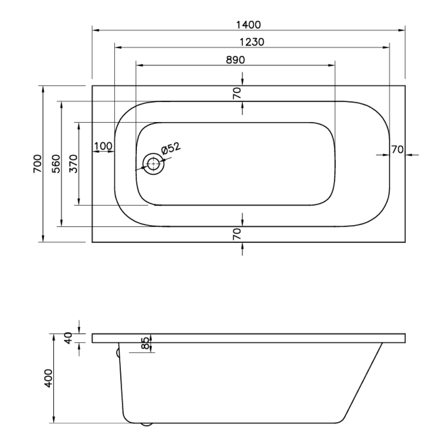 G4K ROUND SINGLE ENDED WHITE BATH 1400X700MM BAT004G4KB