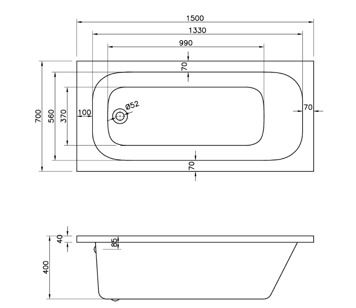 G4K ROUND SINGLE ENDED WHITE BATH 1500X700MM BAT003G4KB