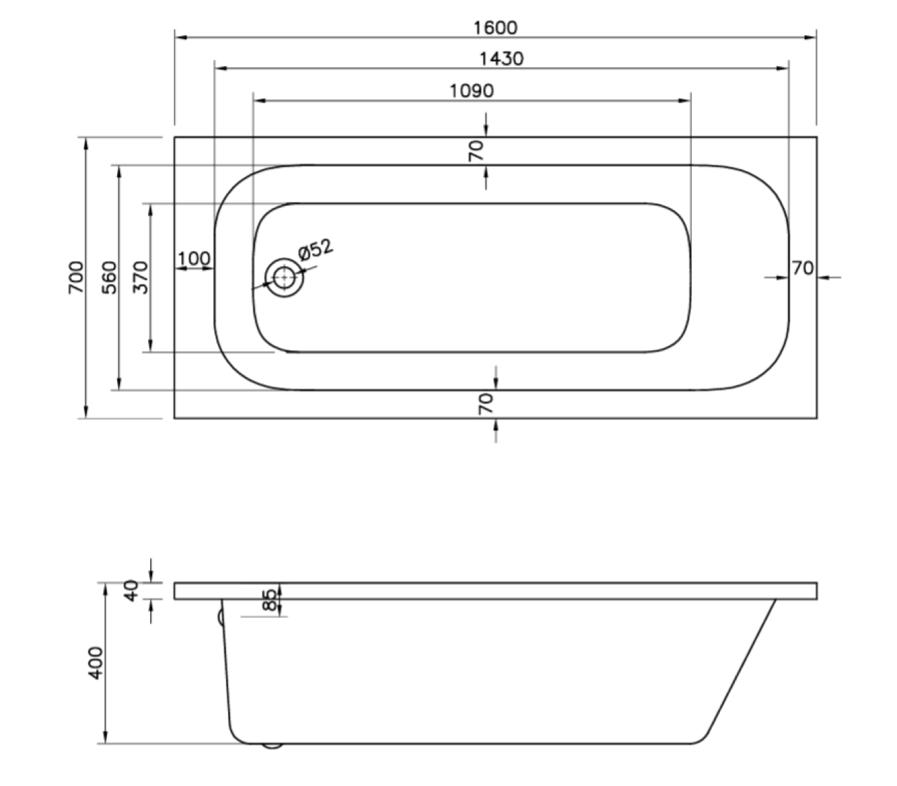 G4K ROUND SINGLE ENDED WHITE BATH 1600X700MM BAT002G4KB