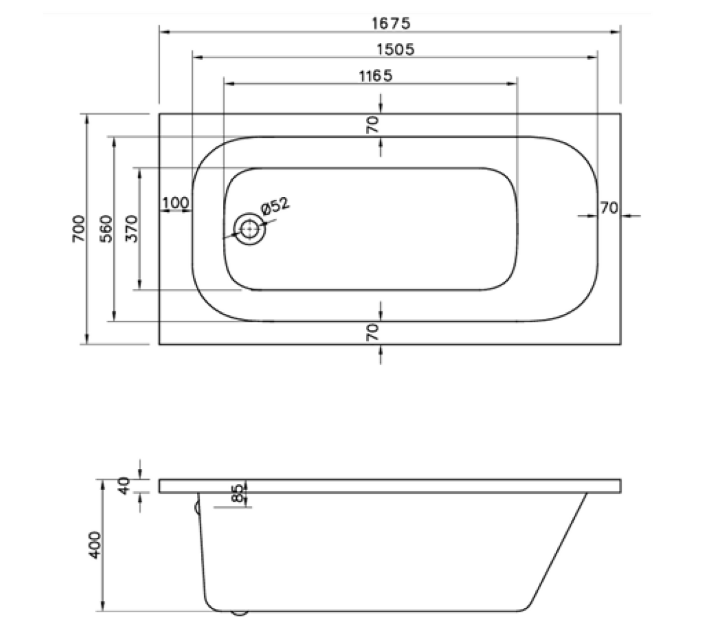 G4K ROUND SINGLE ENDED WHITE BATH 1675X700MM BAT005G4KB