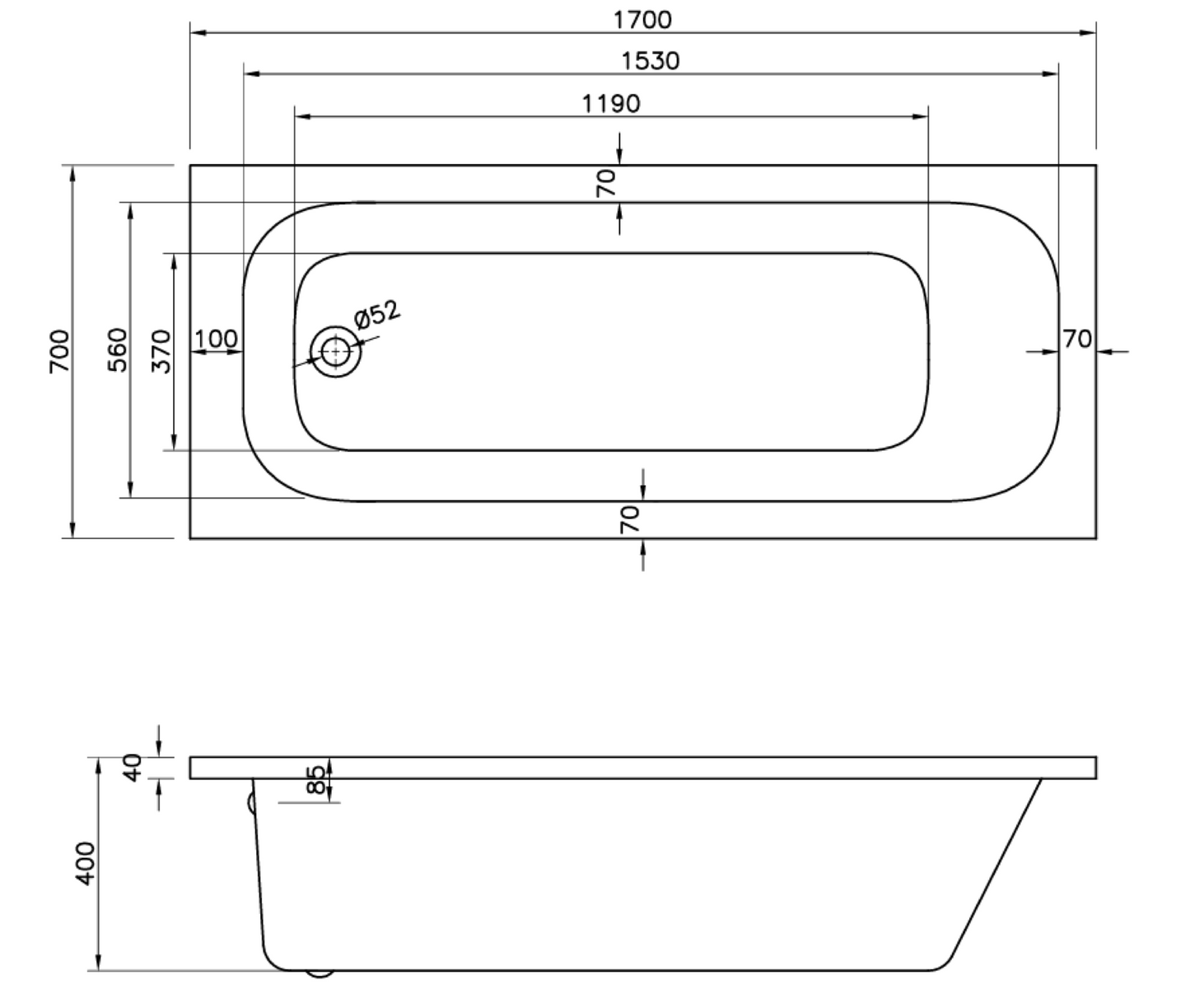 G4K ROUND SINGLE ENDED WHITE BATH 1700X700MM BAT001G4KB