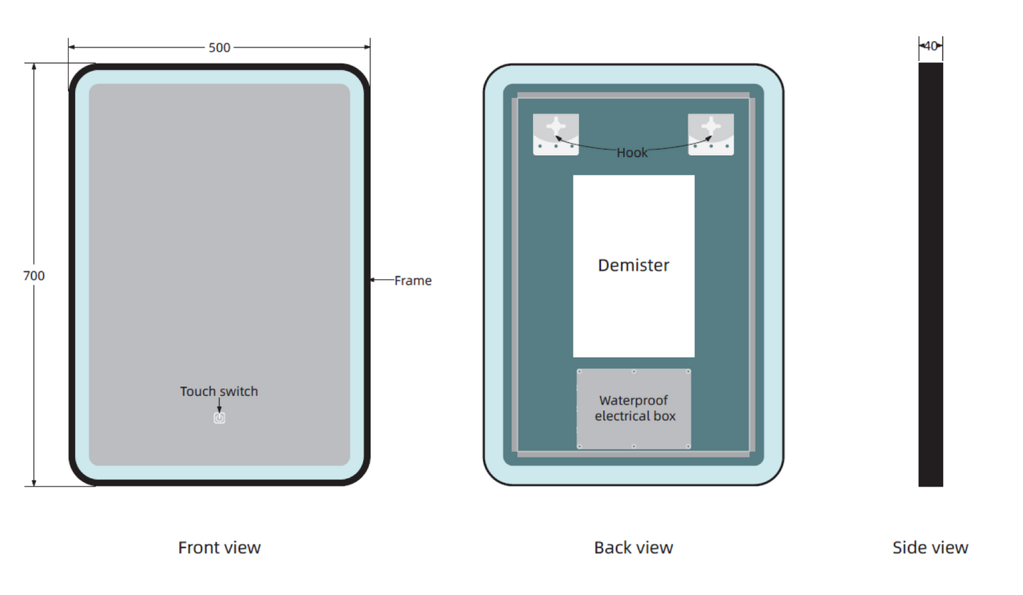 NERO MATT BLACK FRAMED 700X500MM ROUNDED EDGE RECTANGULAR LED MIRROR MIR009