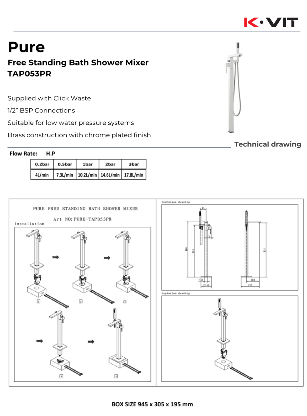 PURE FREESTANDING BATH/SHOWER MIXER TAP053PR
