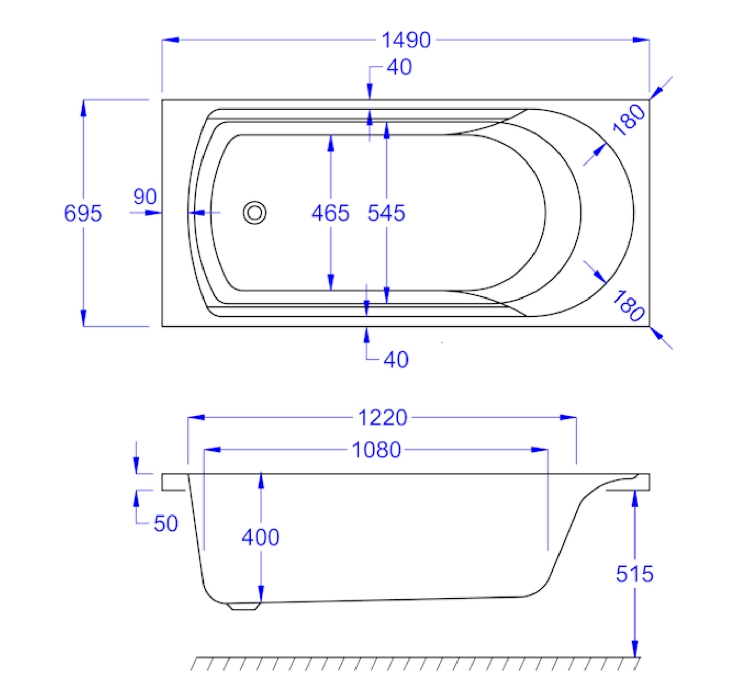ARK SINGLE ENDED WHITE BATH 1500X700MM ARK1570SEB